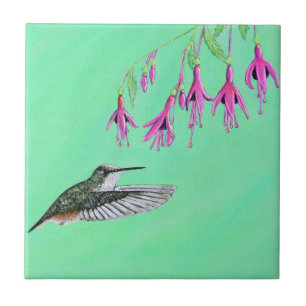 Målning av Hummingbird och Fuchsia Kakelplatta