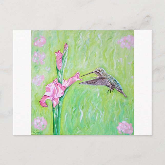 Målning av Hummingbird och Gladioli Vykort (Framsida)