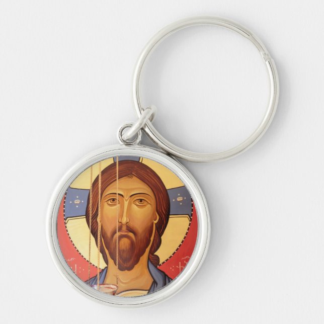 Målning av Jesus Rund Silverfärgad Nyckelring (Framsidan)