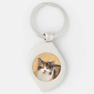 Målning av katt med lappskalle - Söt originell kat Swirl Silverfärgad Nyckelring