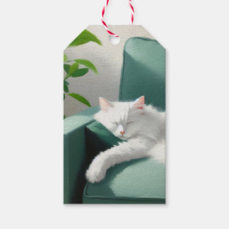 Målning av kattfiltning på en Grönt påse Presentetikett
