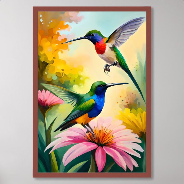 Målning av klibbiga fåglar: en gång för alla dansa poster (Hummingbird Painting: Couple Dancing Among Flowers)
