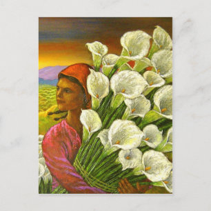 Målning av kvinnor med Calla Lilies vykort