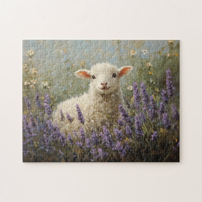Målning av lamm och lavender pussel (Horisontell)