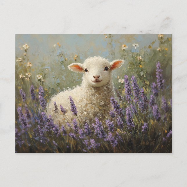 Målning av lamm och lavender vykort (Framsida)