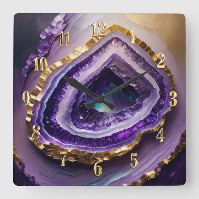 Målning av Lila och Guld Geode Fyrkantig Klocka (Framsida)