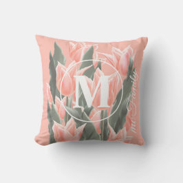 Målning av Namn monogram Peach Tulips för elegant- Kudde