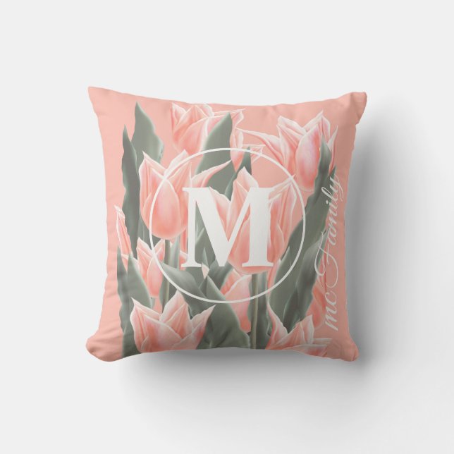 Målning av Namn monogram Peach Tulips för elegant- Kudde (Framsida)