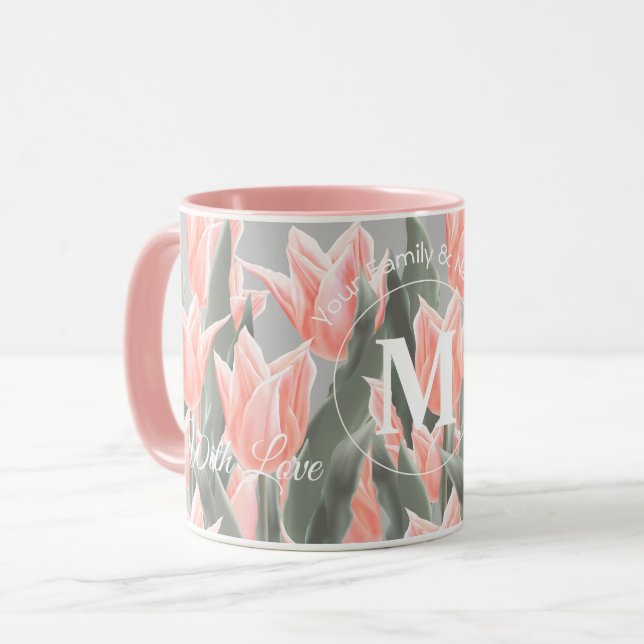Målning av Namn monogram Peach Tulips för elegant- Mugg (Framsida vänster)