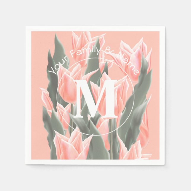 Målning av Namn monogram Peach Tulips för elegant- Pappersservett (Framsidan)