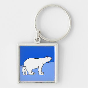 Målning av Polar Bear Mamma och Unge - Naturvård Fyrkantig Silverfärgad Nyckelring