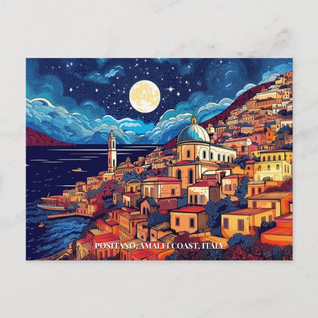 Målning av Positano Amalfi Kusten Italien Art Trav Vykort (Framsida)
