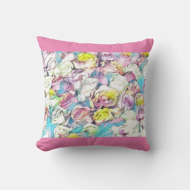 Målning av rosa, gult och vit ros kudde (Framsida)