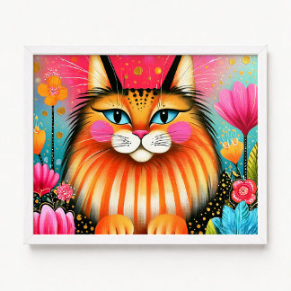 Målning av rosa och orange Maine Coon-katt med blå Poster