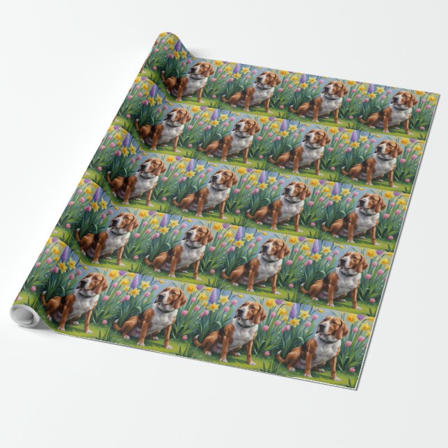 Målning av Treeing Walker Coonhound med vårblommor Presentpapper (Utrullad)