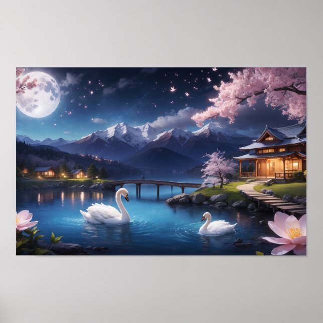 Målning av underbar natt Japan Sakura-träd Poster (Framsidan)