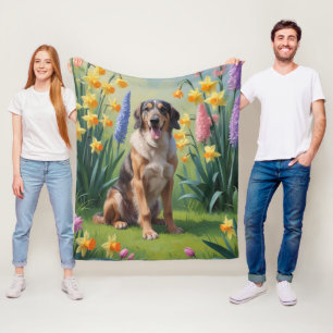 Målning av vallhund och vårblommor fleecefilt