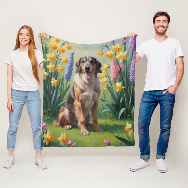 Målning av vallhund och vårblommor fleecefilt (På plats)