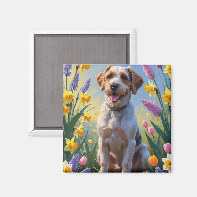Målning av vårblommor med strävhårig pointing grif magnet (Front/Back)