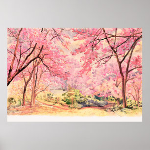 Målning av vattenfärgslandskap rosa röd blomma av poster