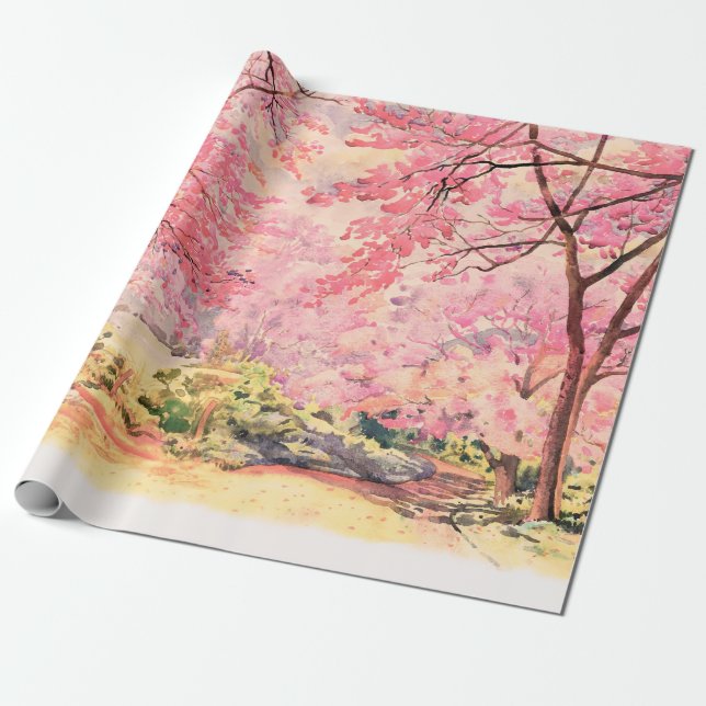 Målning av vattenfärgslandskap rosa röd blomma av  presentpapper (Utrullad)