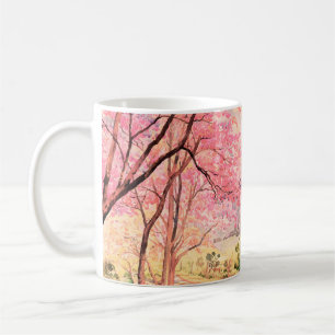 Målning av vattenfärgslandskap rosa röd blomma kaffemugg