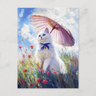 Målning av vit katt med Parasol i Poppy Fält Vykort