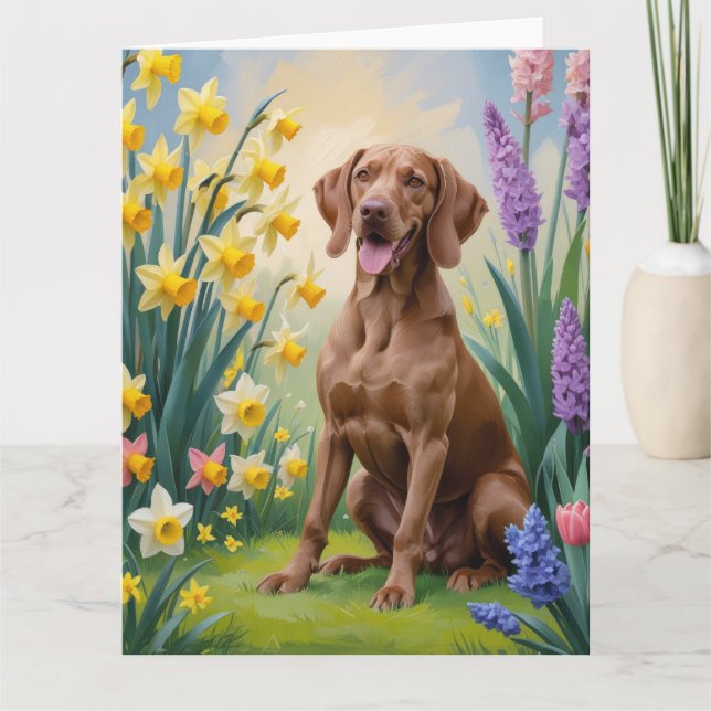 Målning av Vizsla Hund Vårblommor Kort (Framsida)