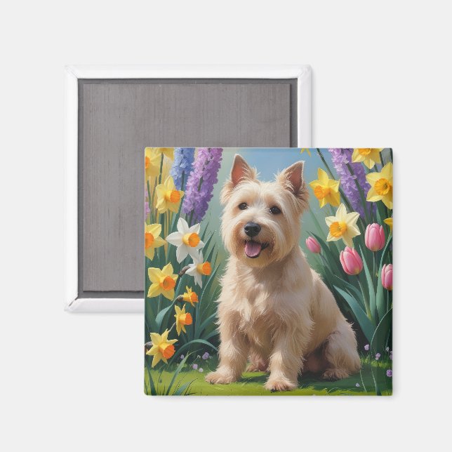 Målning av Wheaten Terrier Hund Vår blommor Magnet (Front/Back)