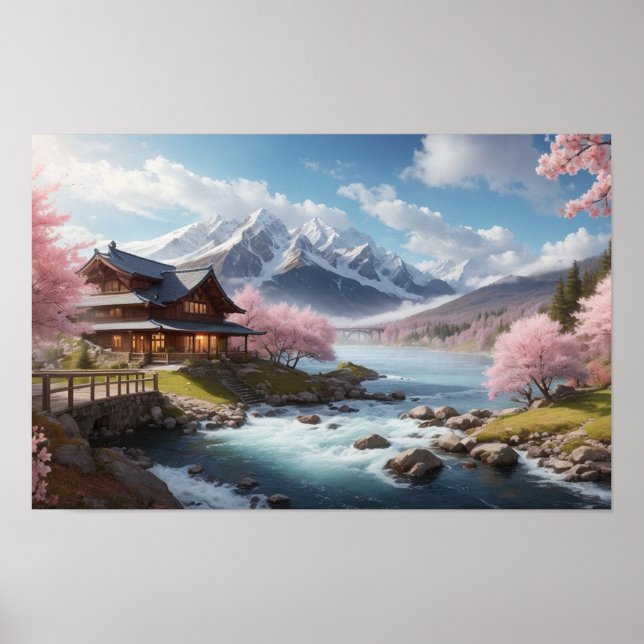 Målning av Wonderful Japans Sakura med River Poster (Framsidan)