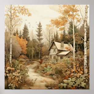 Målning av Woodland Art Mysigt Cabin Skogen Poster