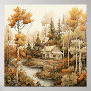 Målning av Woodland Art Mysigt Cabin Skogen Poster