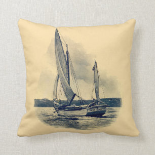 Målning för gul marinblå segelbåt för vintage kudde