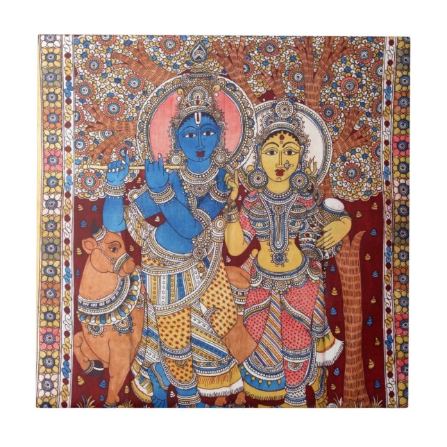 MÅLNING FÖR KALAMKARI RADHA KRISHNA KAKELPLATTA (Framsidan)