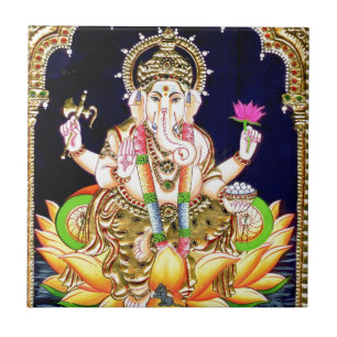 MÅLNING FÖR LOTUSBLOMMA GANESHA TANJORE KAKELPLATTA