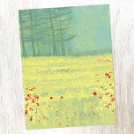 Målning för Meadow liggande Vykort<br><div class="desc">Ett modernt landskapsmålande i contemporaryn med en fridfull blomma fyllda sommarängar med fåglar som flyger mot himlar och en skog från gräs träd i avstånd. Färsk och upplyftande gult och grönt färg. Originalkonst av Nic Squirrell.</div>