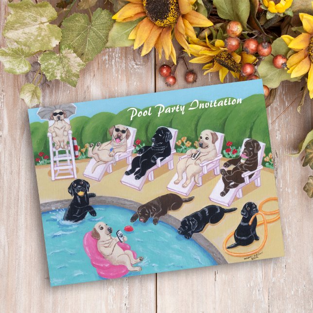 Målning för Poolside Party Labradors Painting Inbjudan Vykort (Poolside Party Labradors Painting Invitation Postcard for Labrador Owners.  Enjoy pool party!!)
