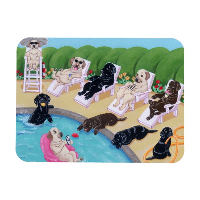 Målning för Poolside Party Labradors Painting Magnet (Horisontell)