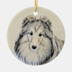 Målning för Shetland Sheepdog - gullig original- Julgransprydnad Keramik