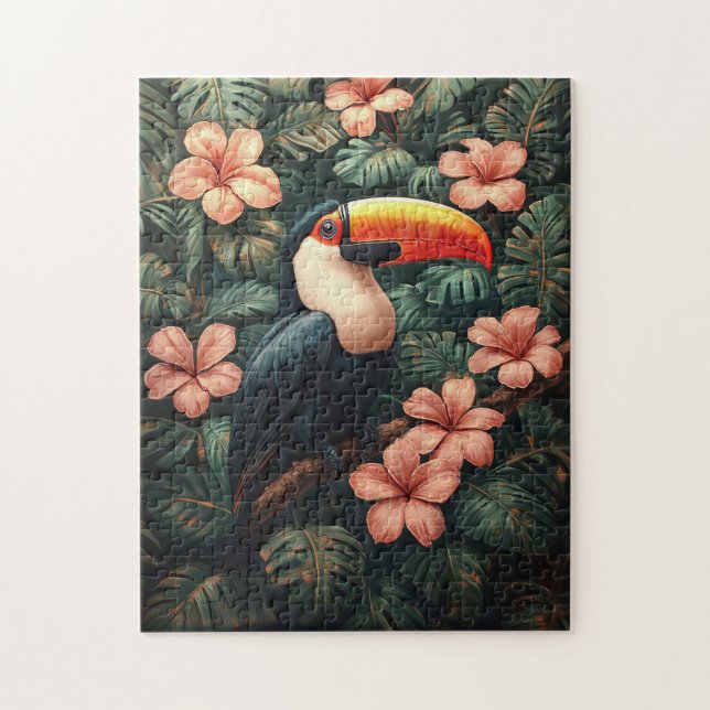 Målning för Toucan Tropical Rosa Flowers Pussel (Vertikal)
