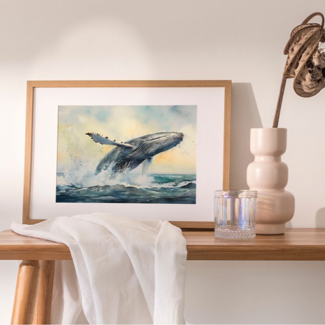 Målning för vattenfärgen Humpback Whale Poster (Captures the moment when a magnificent humpback whale breaches the ocean's surface.)