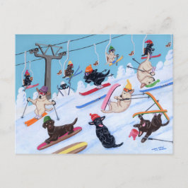 Målning för Winter Roligt Skiing Labradors Paintin Vykort
