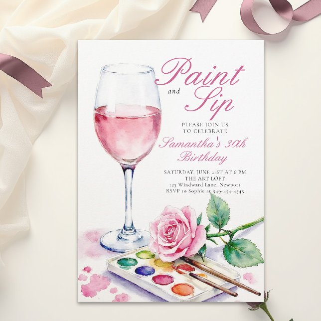 Målning Klunk Vin Födelsedagsfest Ros Blommig 30-å Inbjudningar (30th birthday party invitation for women paint and sip wine watercolor floral pink elegant template)