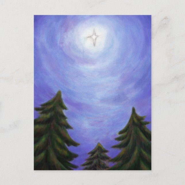 målning konst christmas stjärna skog med strålande helg vykort (Framsida)