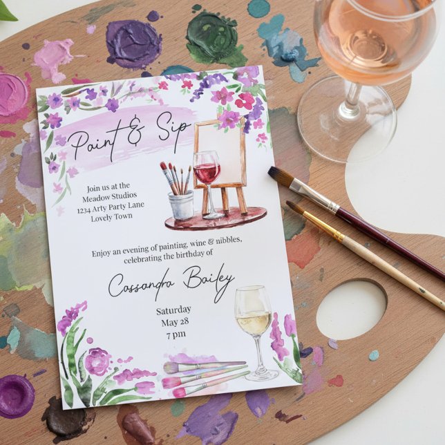 Målning och vin med staffli Födelsedagsfest Inbjudningar (Paint & Sip birthday party invitation - or edit for arty bridal shower, bachelorette event etc)