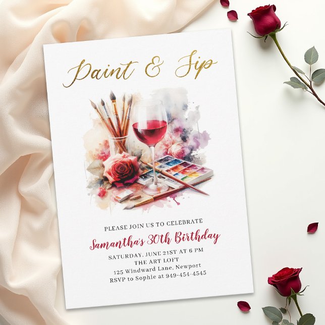 Målning & Smakprov Vin Konst Målningsparty 30-årsf Inbjudningar (paint and sip birthday party invitation for women watercolor wine glass red rose elegant chic)