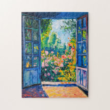 Målning Terrassvy över blomsterträdgård