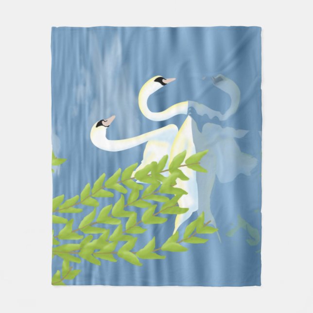 Målningsblått och Grönt par av Svanar på sjö Fleecefilt (Framsidan)