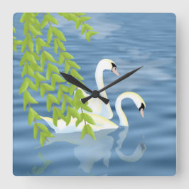 Målningsblått och Grönt par av Svanar på sjö Fyrkantig Klocka