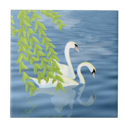 Målningsblått och Grönt par av Svanar på sjö Kakelplatta